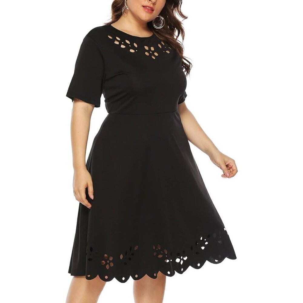 Black Knit Dress Laser Cut Eyelet Floral Pattern Cottage Core Party All Seasons